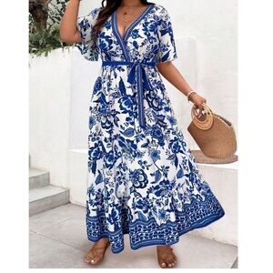 Plus Floral Print Belted Butterfly Sleeve Maxi Dress 1X 2X 3X 4X